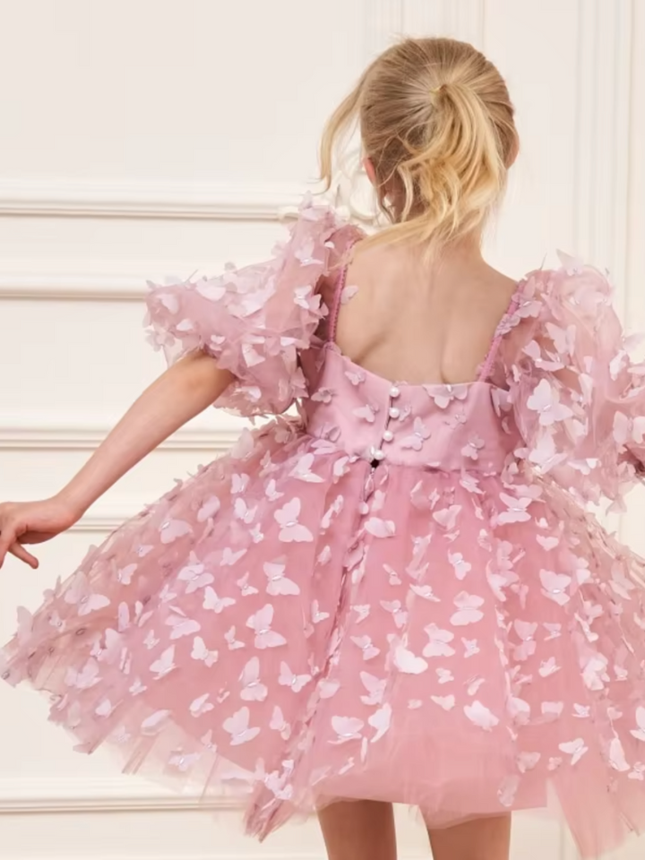 Girls Pink 3D Butterfly Tulle  Puff Sleeve Party Dress