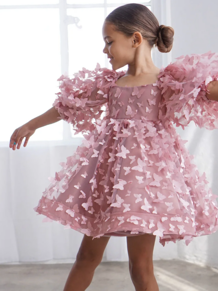 Girls Pink 3D Butterfly Tulle  Puff Sleeve Party Dress