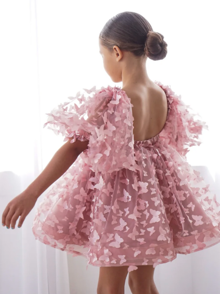 Girls Pink 3D Butterfly Tulle  Puff Sleeve Party Dress