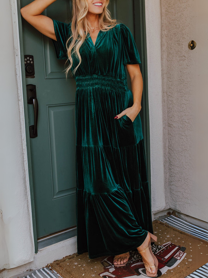 Womens Emerald Velvet Winter Wonder Maxi Dress with Puff Sleeves