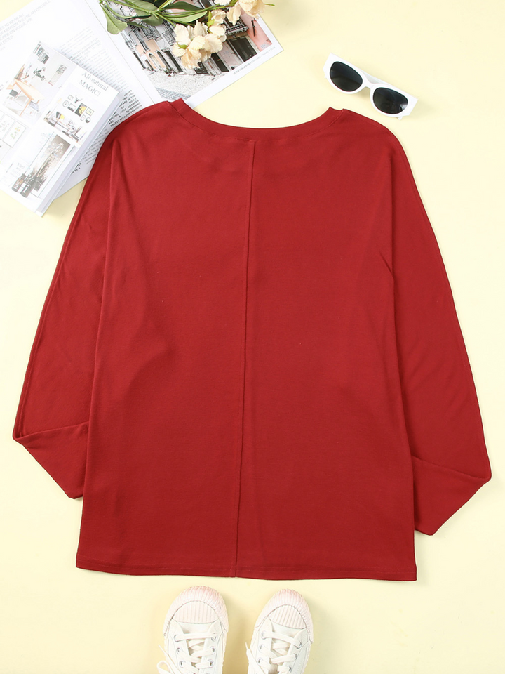 Womens Red Solid Color Patchwork Long Sleeve Top