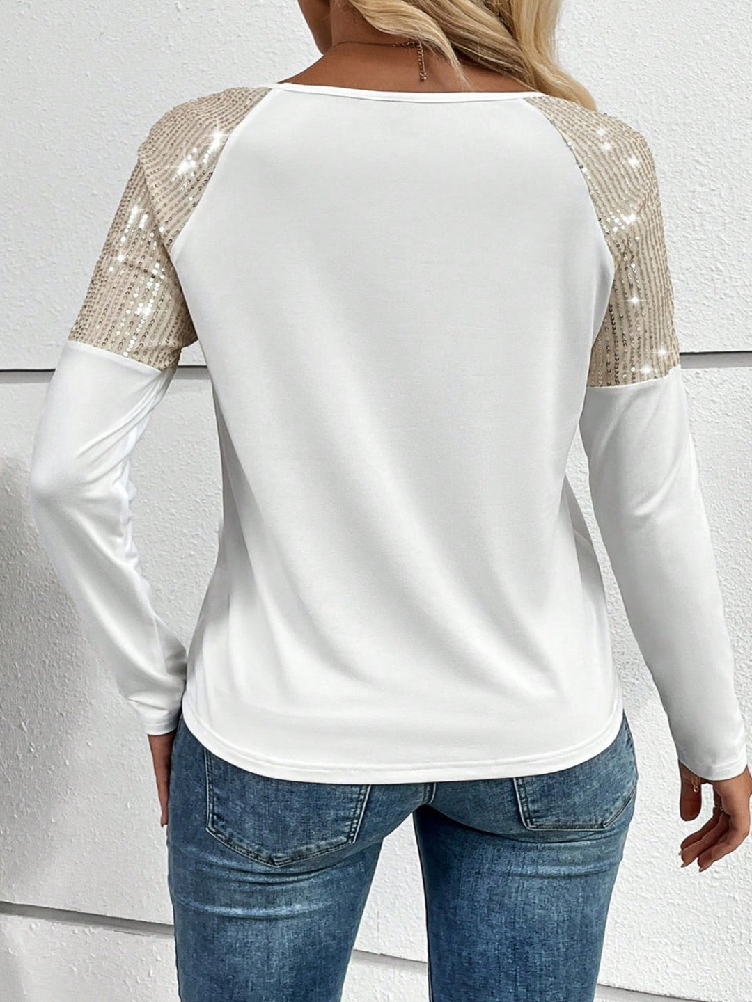 Womens White Sequin Patch Chest Pocket Raglan Sleeve Top