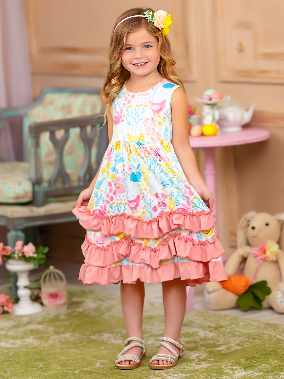 Mia Belle Girls Bunny Ruffle Tiered Midi Dress | Easter Dresses