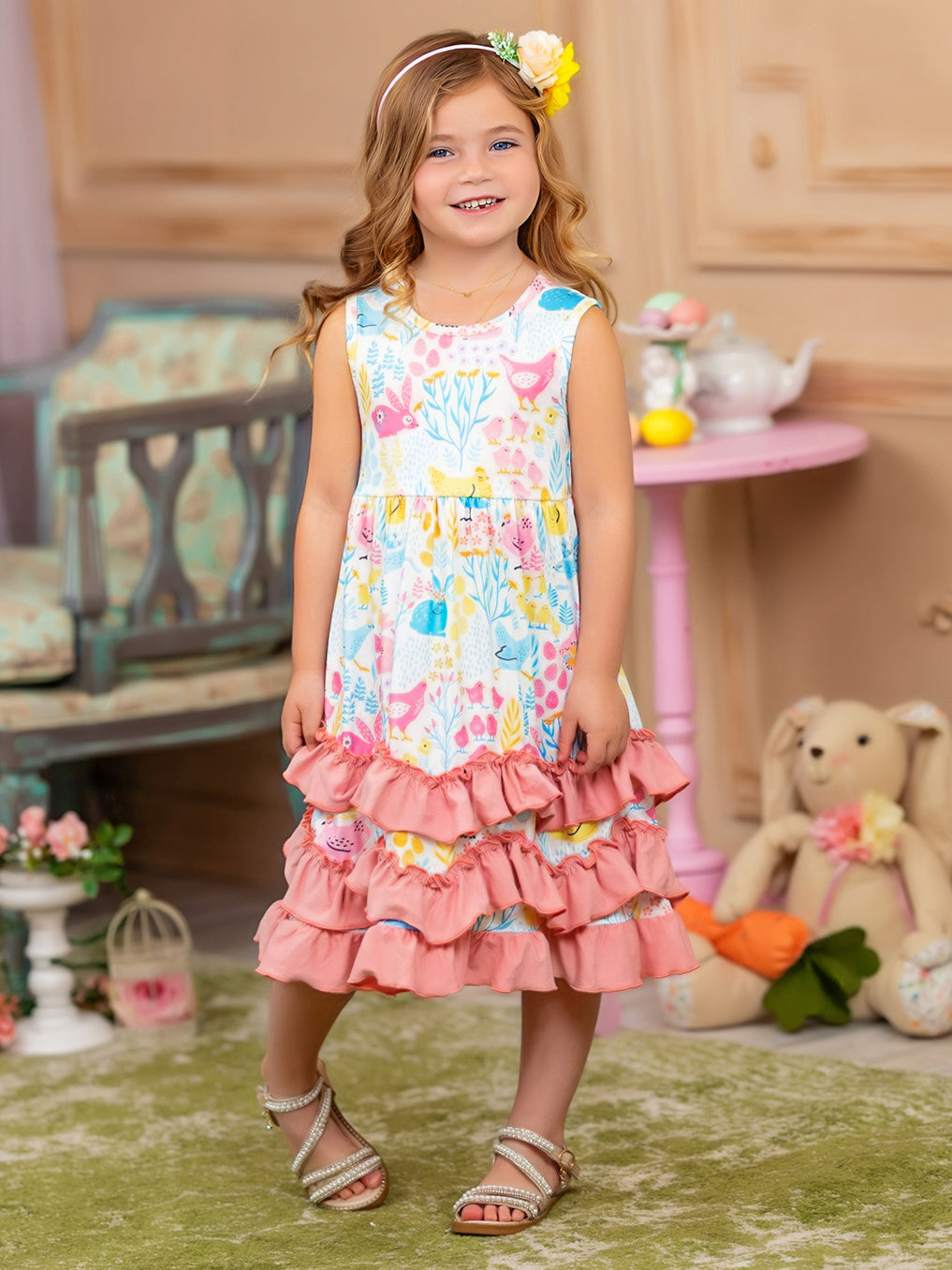 Mia Belle Girls Bunny Ruffle Tiered Midi Dress | Easter Dresses