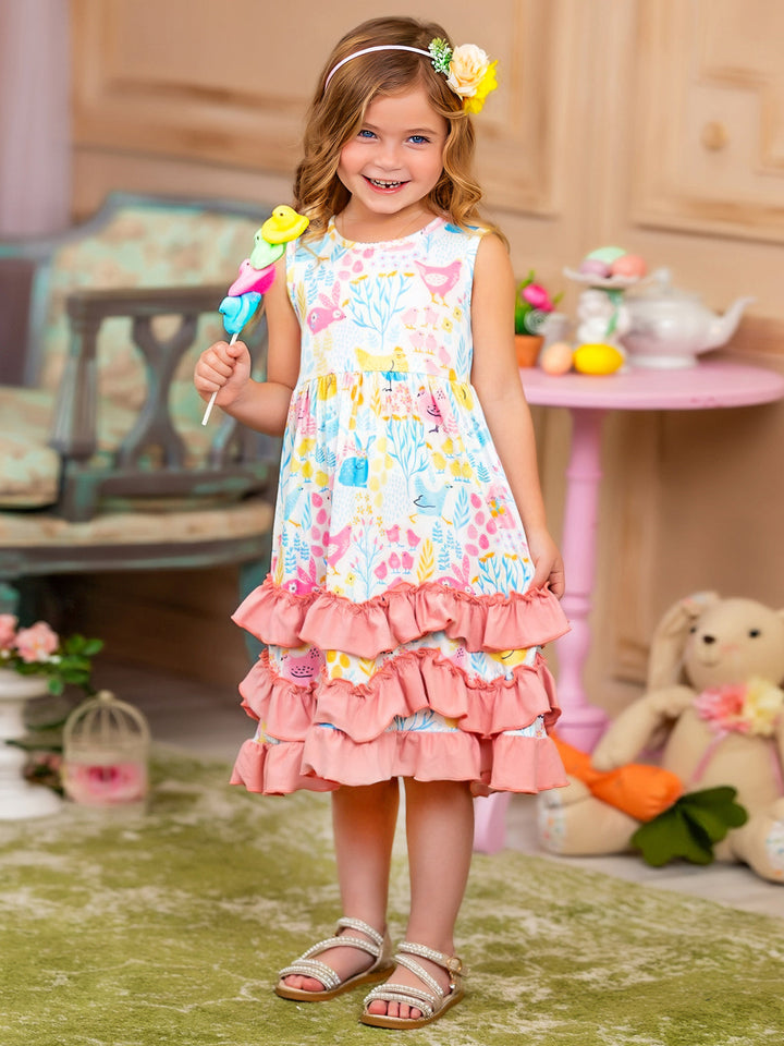 Mia Belle Girls Bunny Ruffle Tiered Midi Dress | Easter Dresses