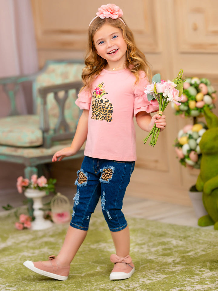 Girls Easter-themed set features a ruffled sleeve top with a leopard print bunny graphic and patched denim capris with a leopard print sash belt for 2T to 10Y toddlers and girls