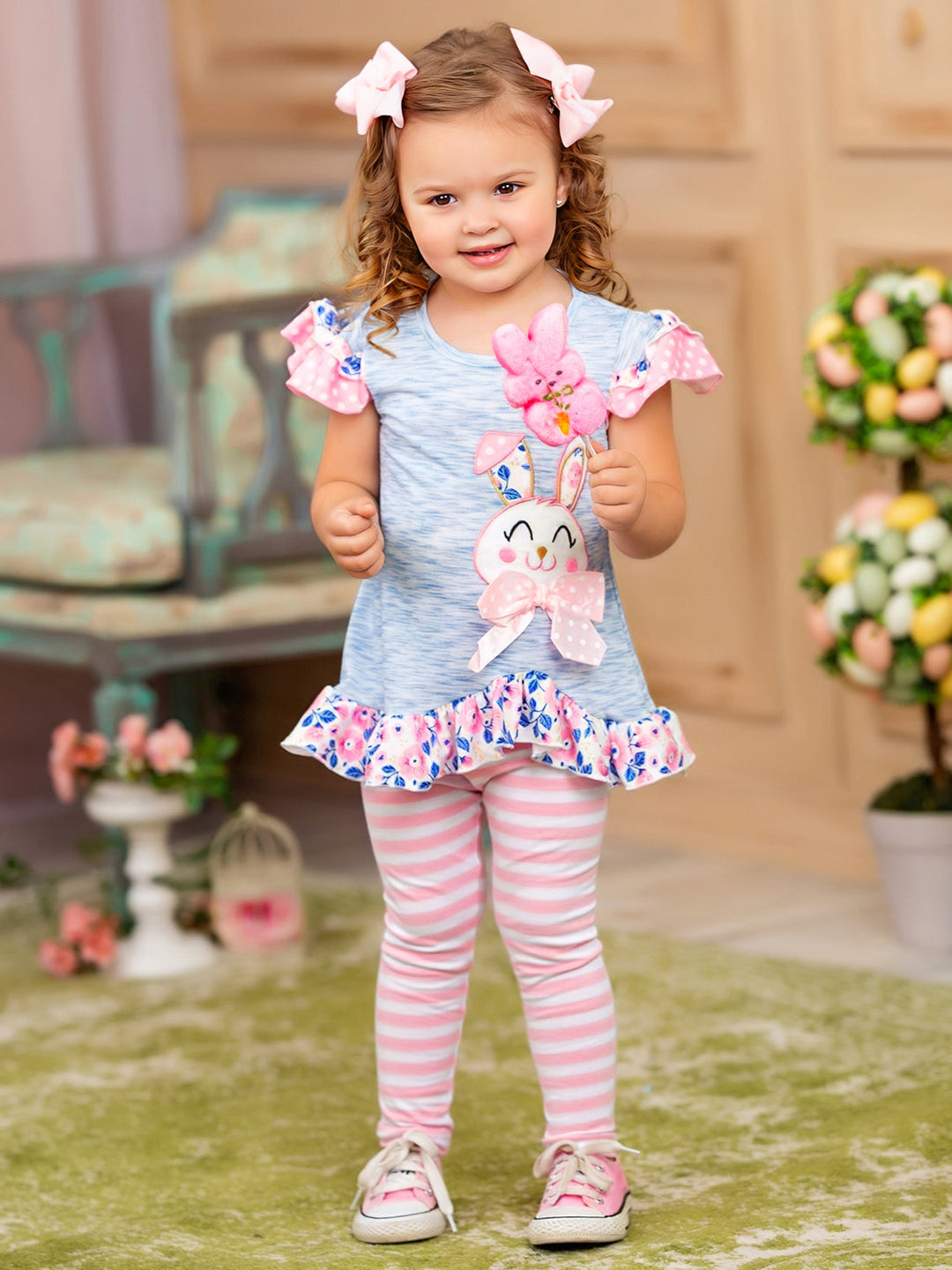 Mia Belle Girls Bunny Top and Striped Legging Set | Easter Casual Set