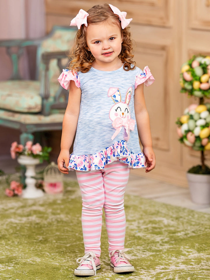 Mia Belle Girls Bunny Top and Striped Legging Set | Easter Casual Set