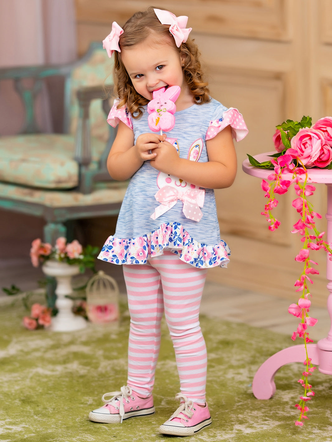 Mia Belle Girls Bunny Top and Striped Legging Set | Easter Casual Set