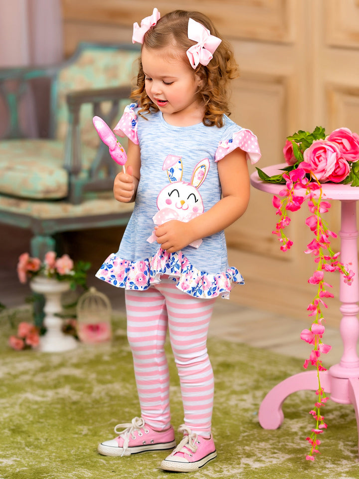 Mia Belle Girls Bunny Top and Striped Legging Set | Easter Casual Set