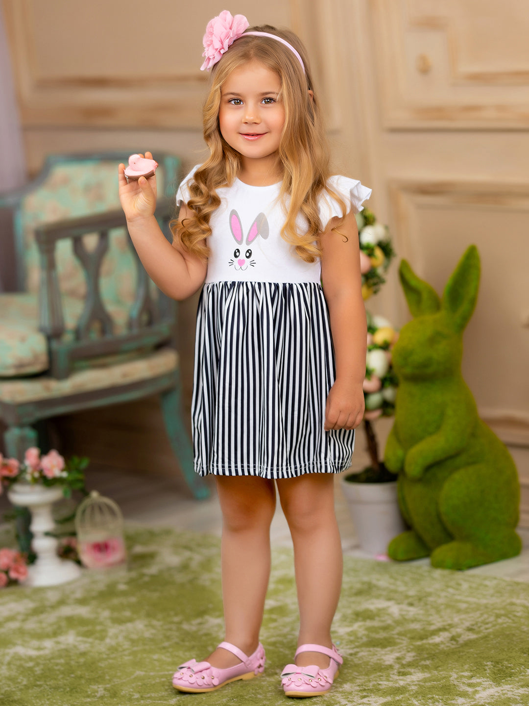 Mia Belle Girls Bunny Striped Skirt Easter Dress | Easter Dresses