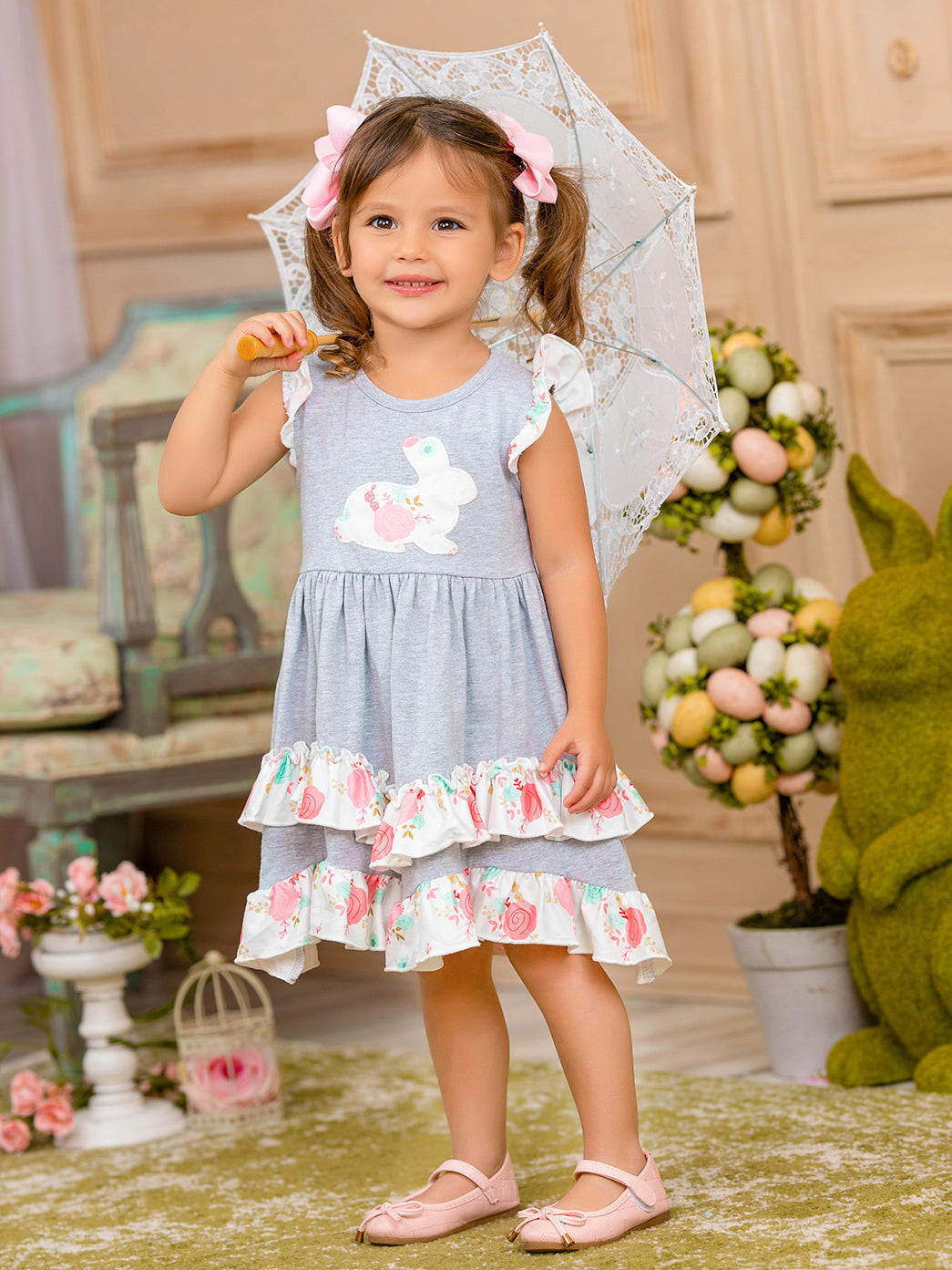 Mia Belle Girls Bunny Ruffle Tiered Midi Dress | Easter Dresses