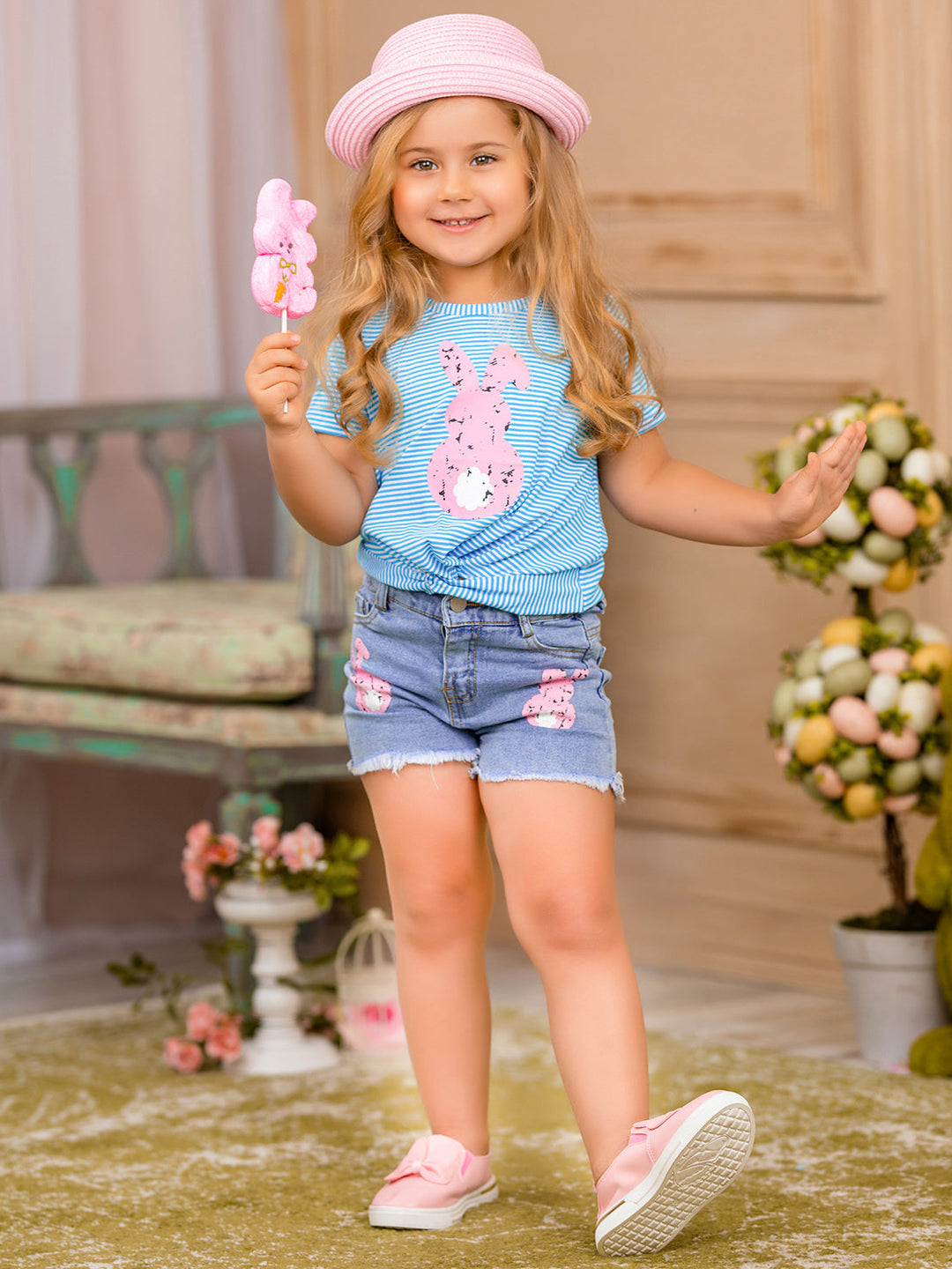 Girls Pencil Stripe Bunny Knot Top and Denim Shorts Set