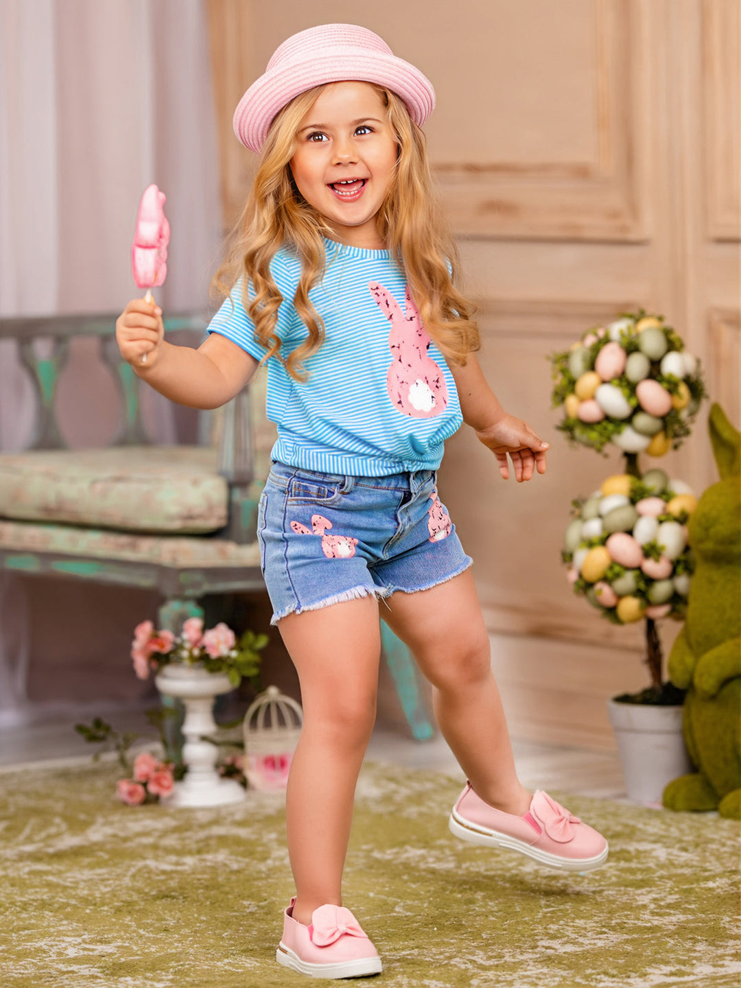 Girls Pencil Stripe Bunny Knot Top and Denim Shorts Set