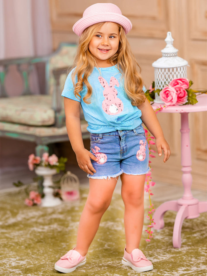 Girls Pencil Stripe Bunny Knot Top and Denim Shorts Set