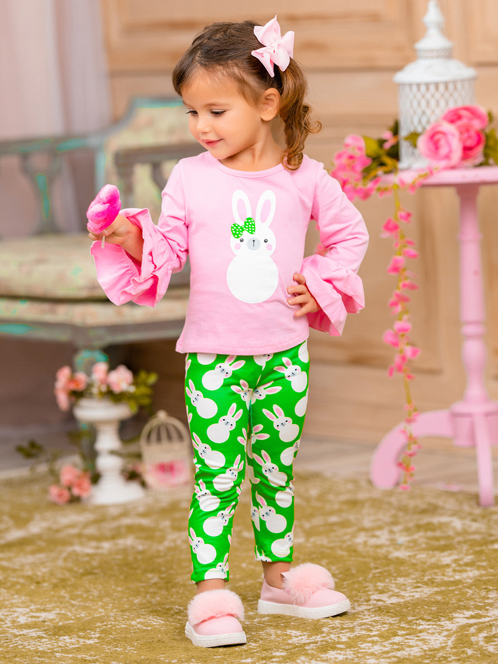 Girls Bunny Ruffle Sleeve Top and Leggings Set