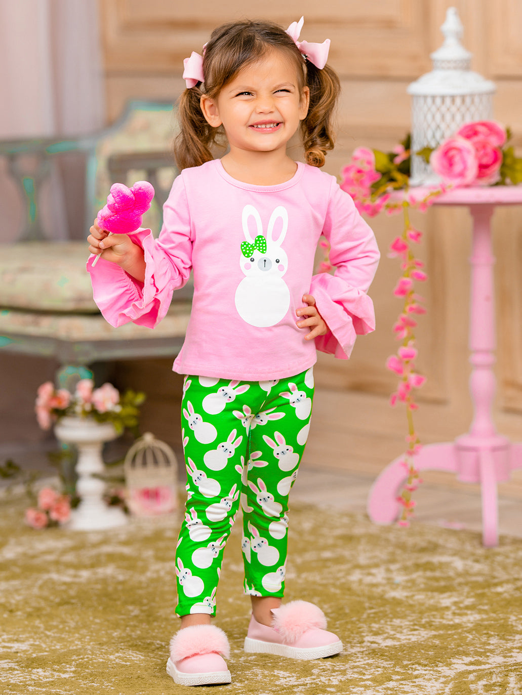 Girls Bunny Ruffle Sleeve Top and Leggings Set