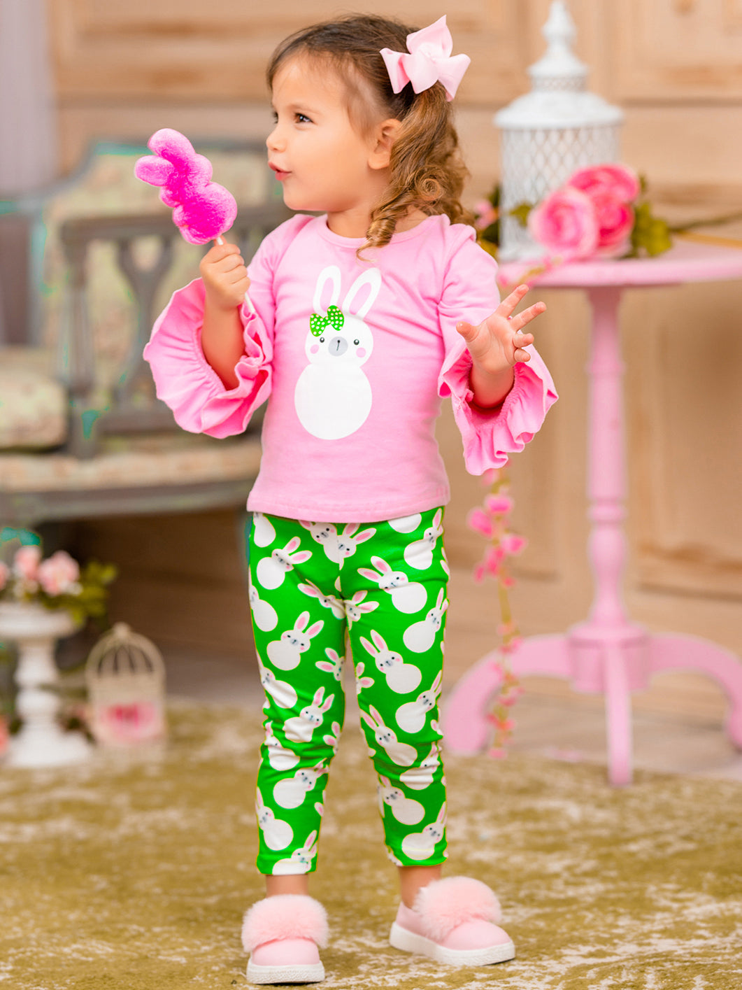 Girls Bunny Ruffle Sleeve Top and Leggings Set