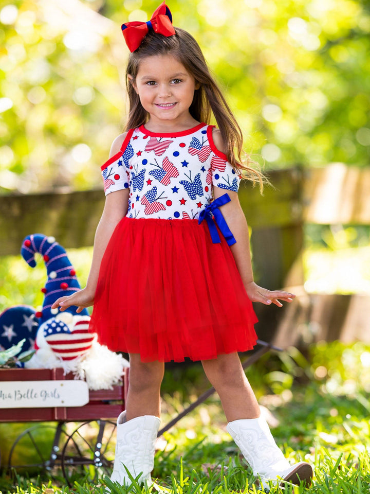 Girls 4th of July Themed Cold Shoulder Tutu Dress with Bow - Blue / 2T - Girls 4th of July Dress