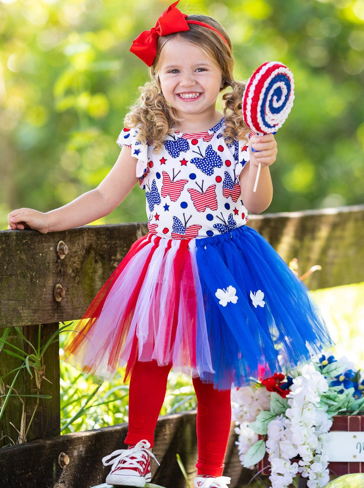 Girls 4th of July Butterfly Flutter Sleeve Top & Applique Tutu Skirt Set - Blue / XS-2T - Girls 4th of July Set