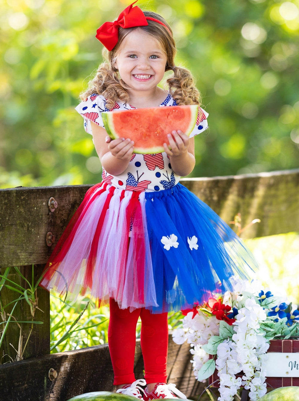 Girls 4th of July Butterfly Flutter Sleeve Top & Applique Tutu Skirt Set - Blue / XS-2T - Girls 4th of July Set