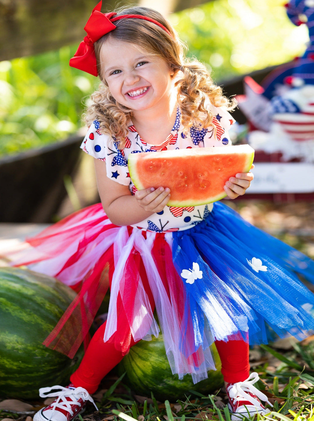 Girls 4th of July Butterfly Flutter Sleeve Top & Applique Tutu Skirt Set - Blue / XS-2T - Girls 4th of July Set