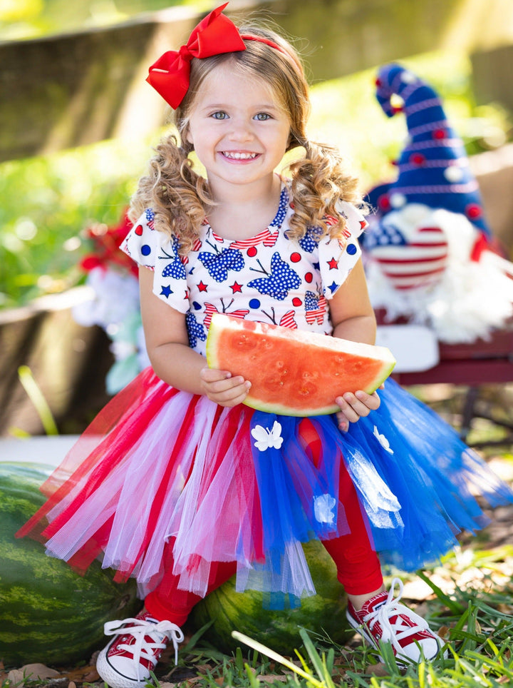 Girls 4th of July Butterfly Flutter Sleeve Top & Applique Tutu Skirt Set - Blue / XS-2T - Girls 4th of July Set