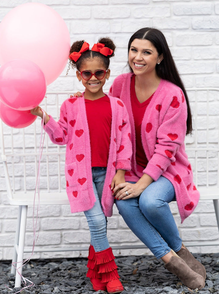 Mommy & Me Matching Sweaters | Heart Print Pink Oversized Cardigans