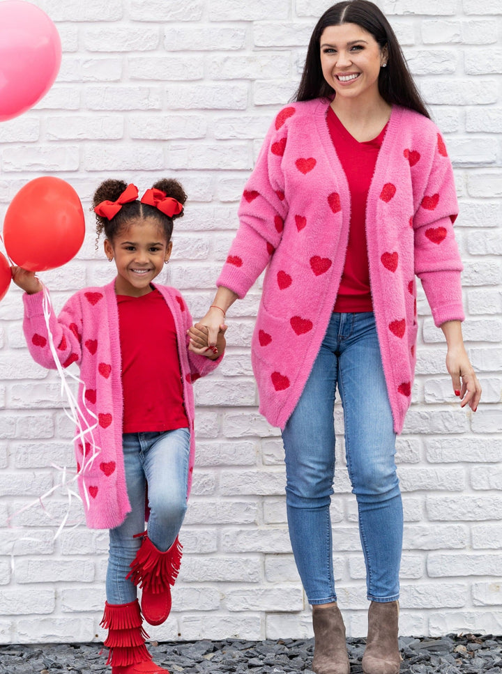 Mommy & Me Matching Sweaters | Heart Print Pink Oversized Cardigans