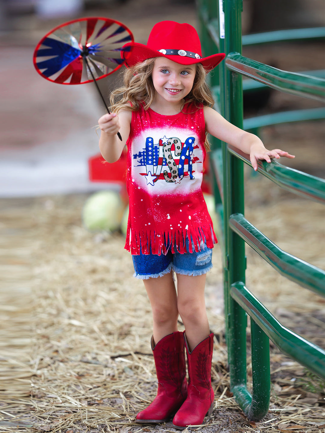 4th of July Fringe Top And Sequin Denim Shorts Set | Mia Belle Girls