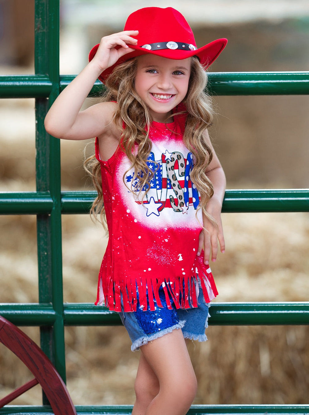 4th of July Fringe Top And Sequin Denim Shorts Set | Mia Belle Girls