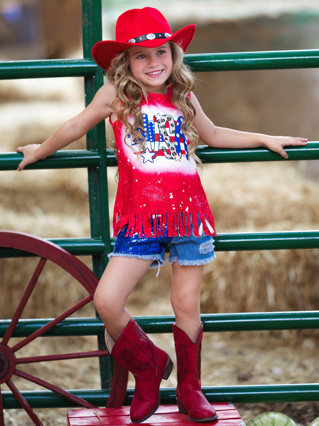 4th of July Fringe Top And Sequin Denim Shorts Set | Mia Belle Girls