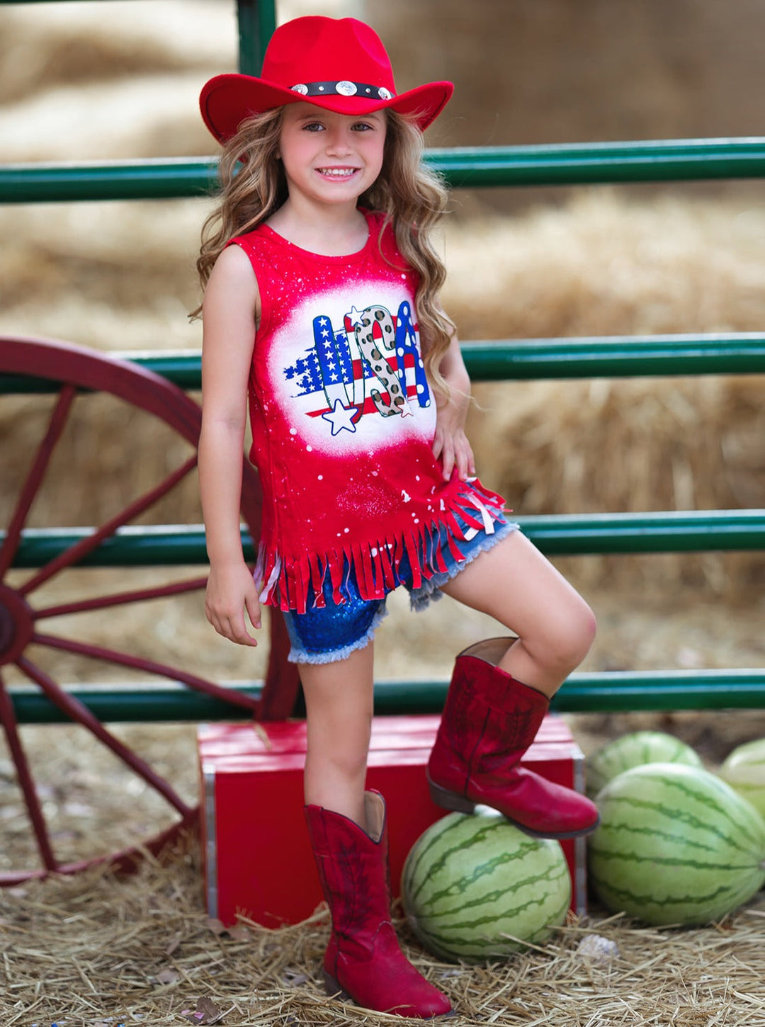 4th of July Fringe Top And Sequin Denim Shorts Set | Mia Belle Girls