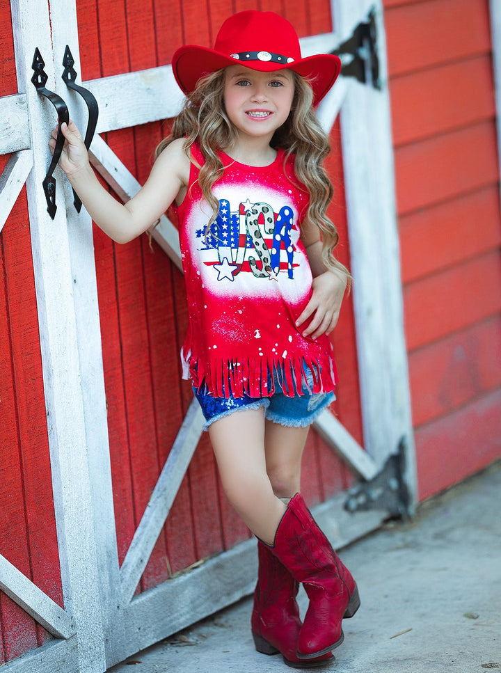 4th of July Fringe Top And Sequin Denim Shorts Set | Mia Belle Girls