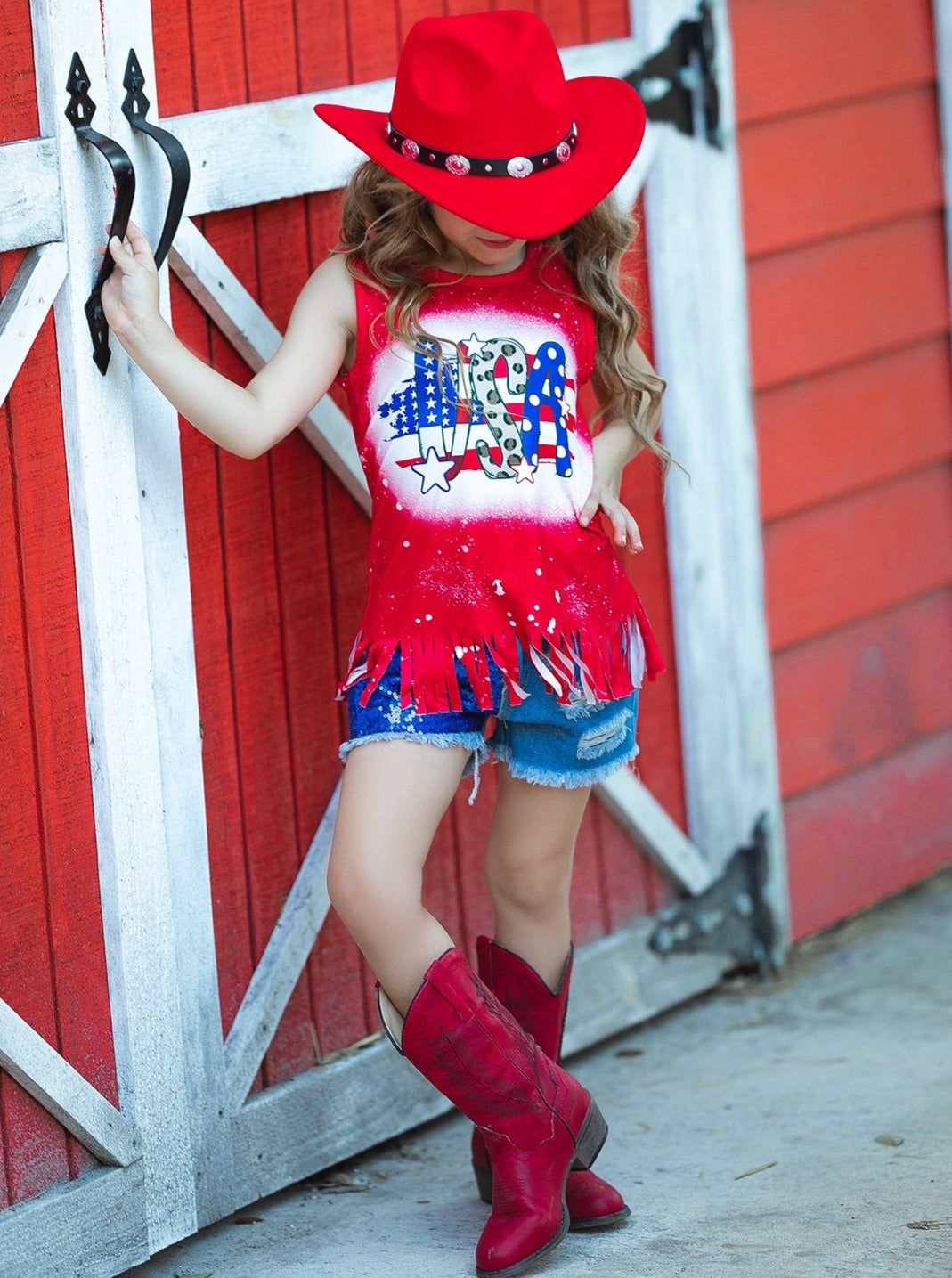 4th of July Fringe Top And Sequin Denim Shorts Set | Mia Belle Girls