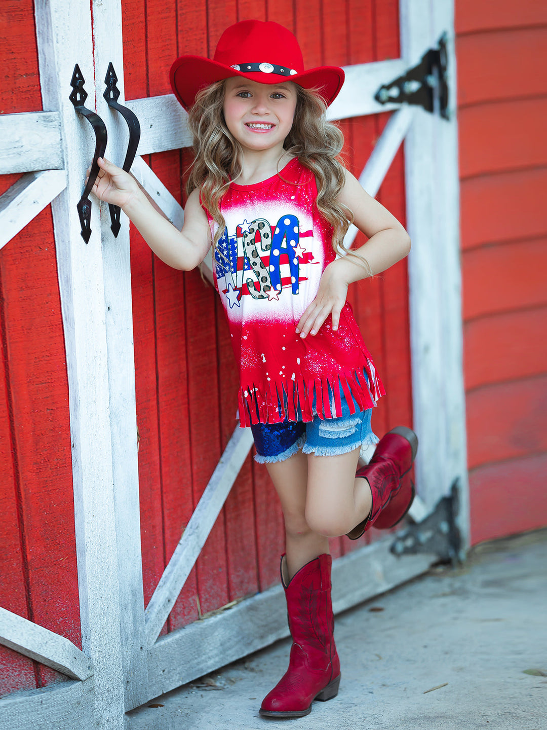 4th of July Fringe Top And Sequin Denim Shorts Set | Mia Belle Girls