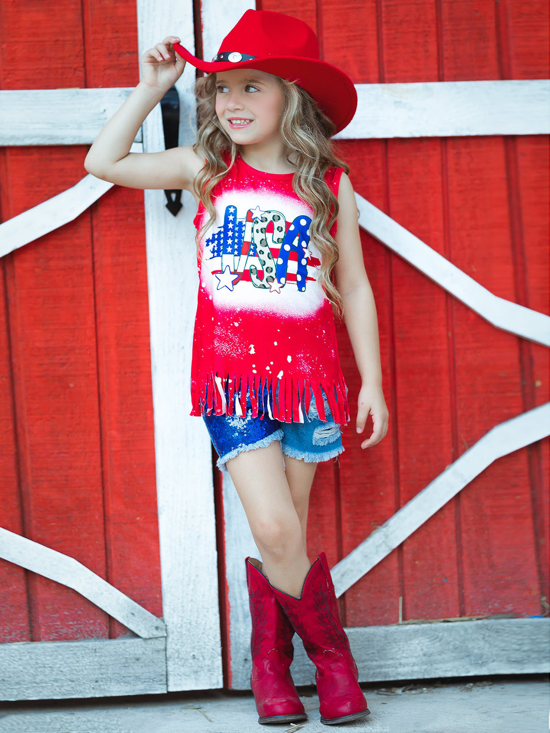 4th of July Fringe Top And Sequin Denim Shorts Set | Mia Belle Girls