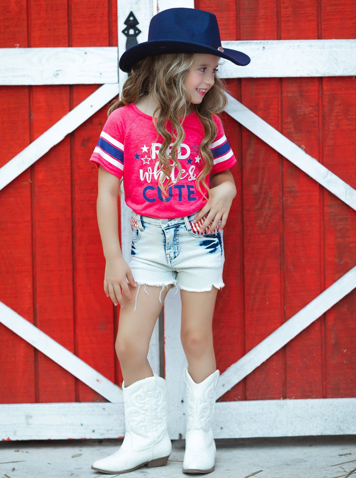 Girls Red, White, And Cute Top And Denim Shorts Set | 4th of July