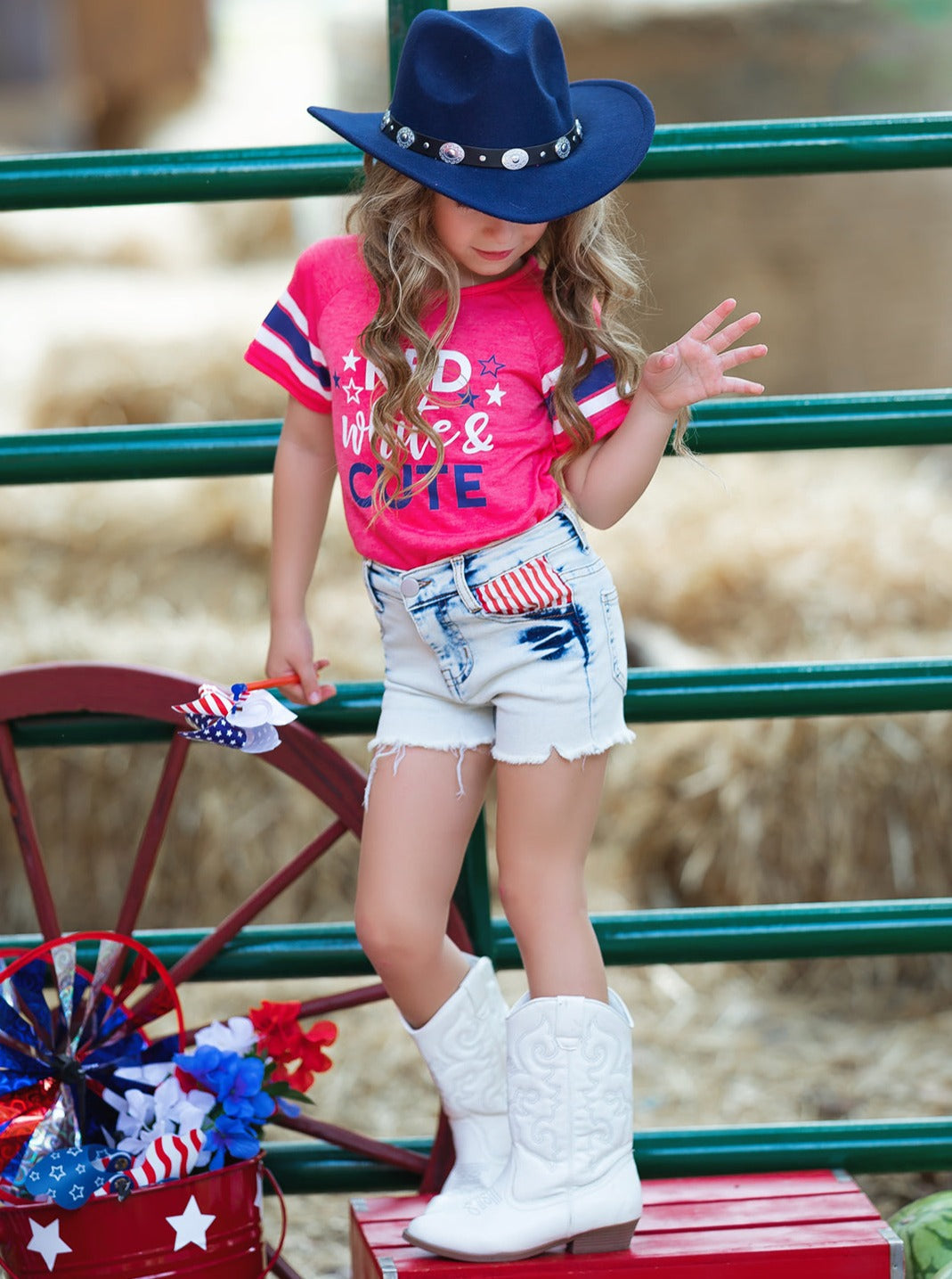 Girls Red, White, And Cute Top And Denim Shorts Set | 4th of July