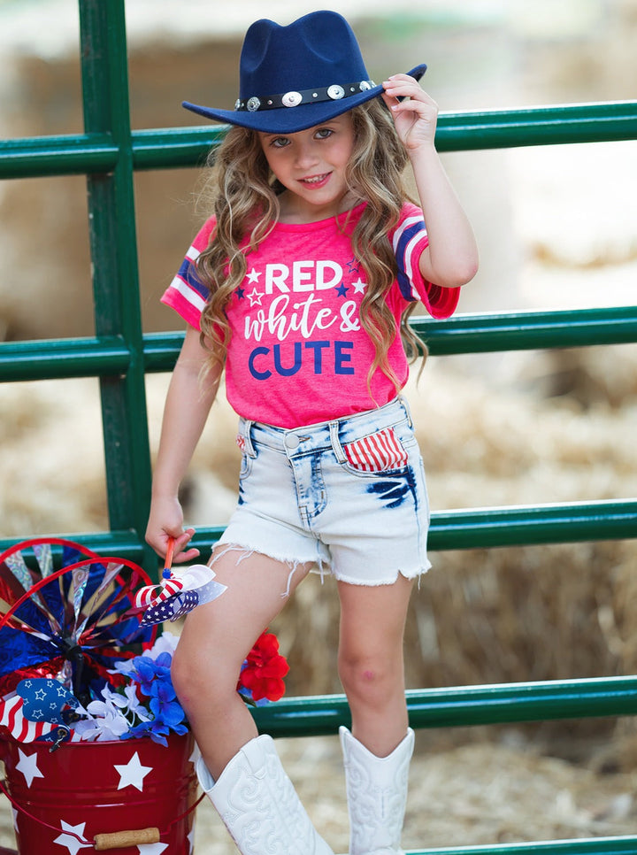 Girls Red, White, And Cute Top And Denim Shorts Set | 4th of July