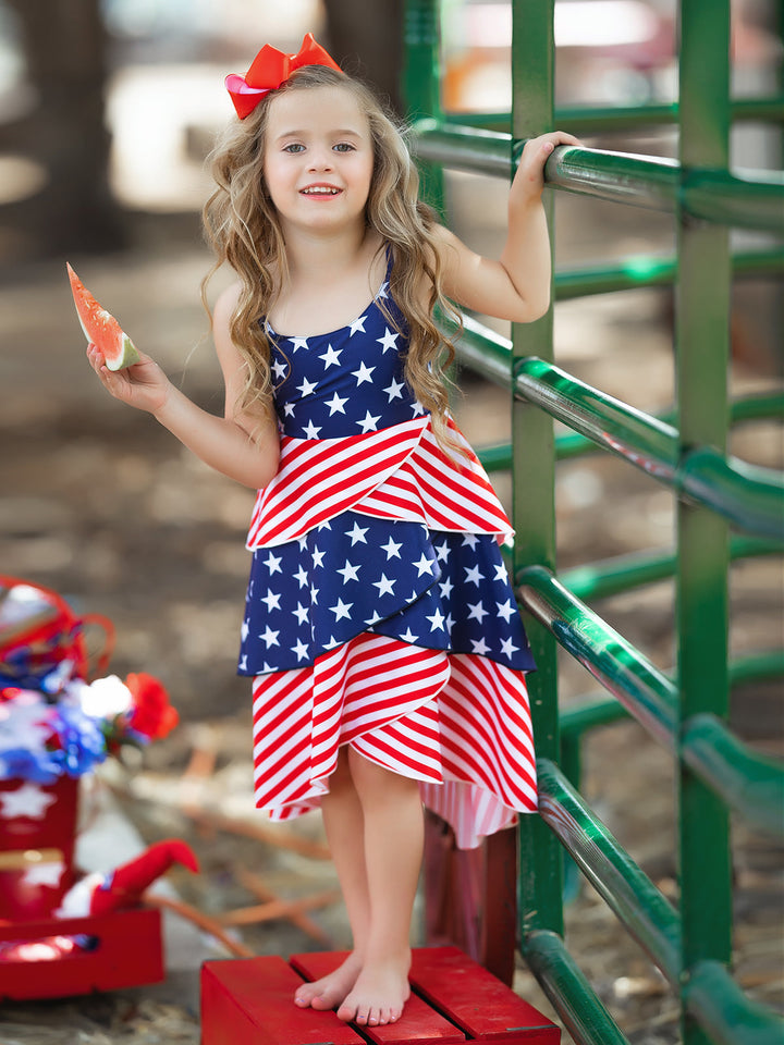 Girls 4th of July Dresses | Sleeveless US Flag Tiered Hi-Lo Dress