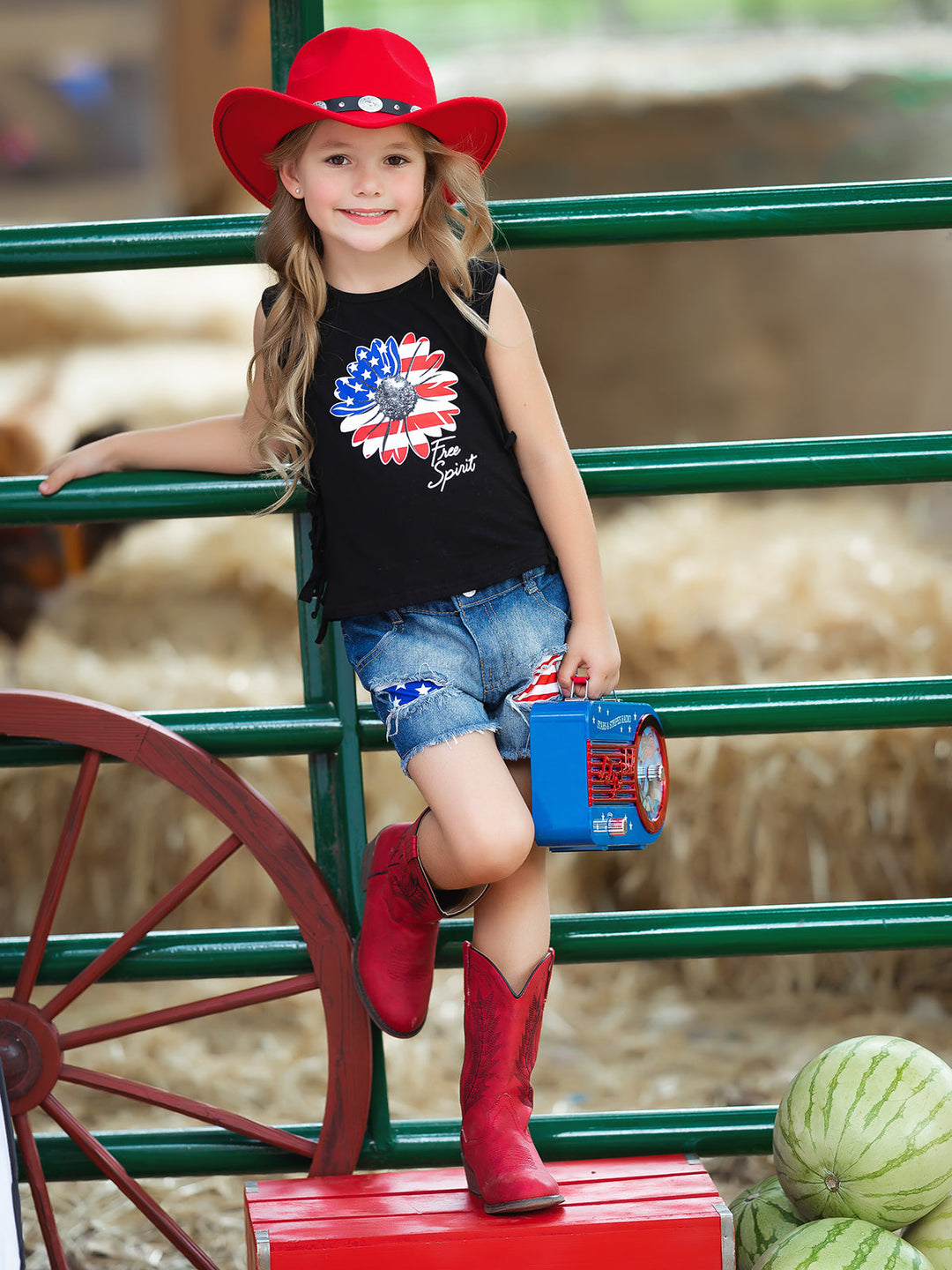 Girls 4th of July Sets | US Flag Flower Fringed Top & Denim Shorts Set ...