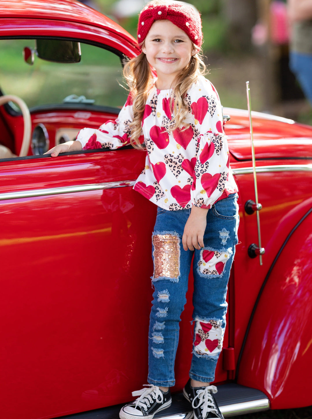 Kids Valentine's Clothes | Girls Animal Print Hearts Patched Jeans Set