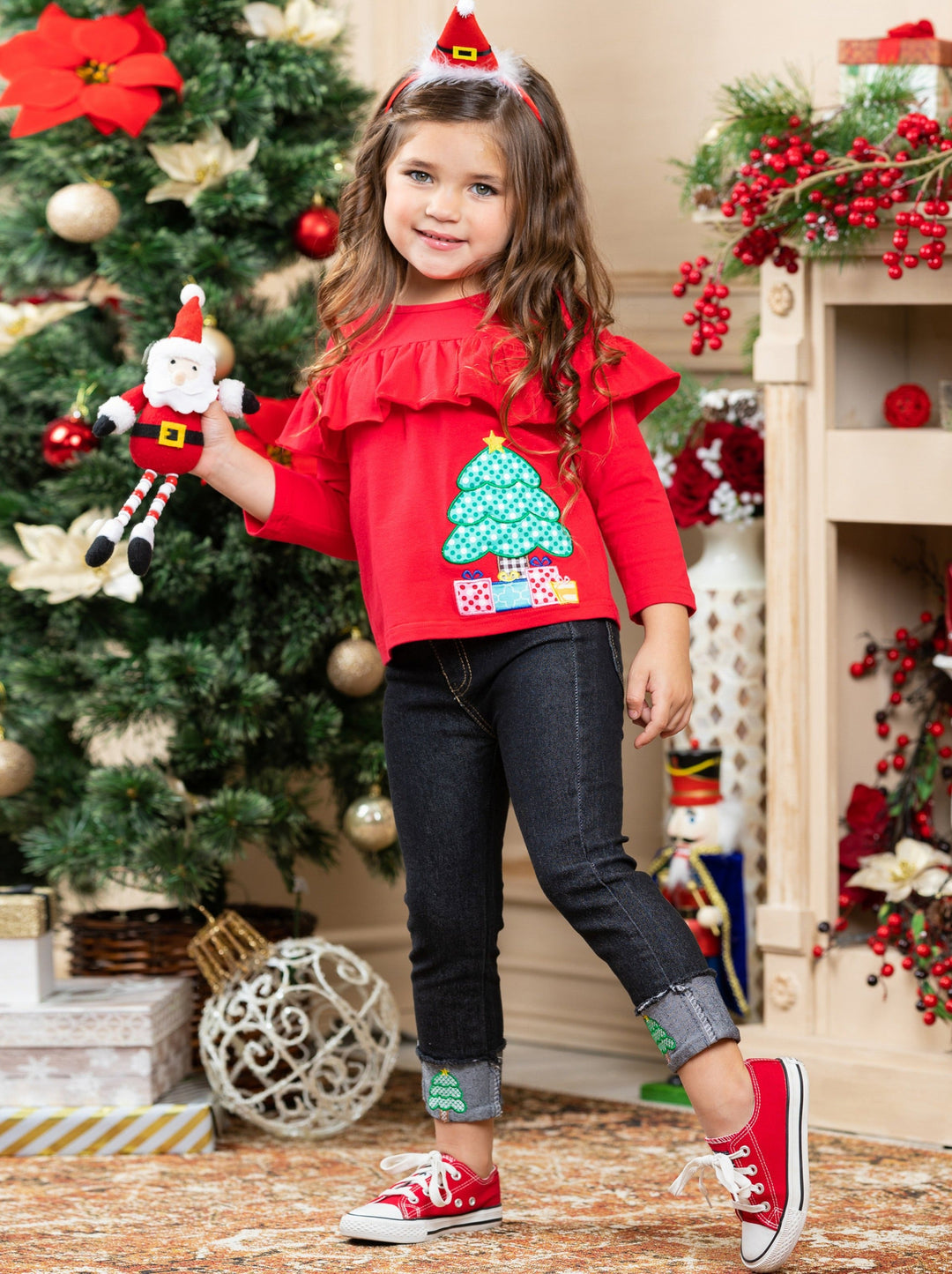 Girls Christmas Ruffle Bib Top & Cuffed Jeans Set | Winter Outfits