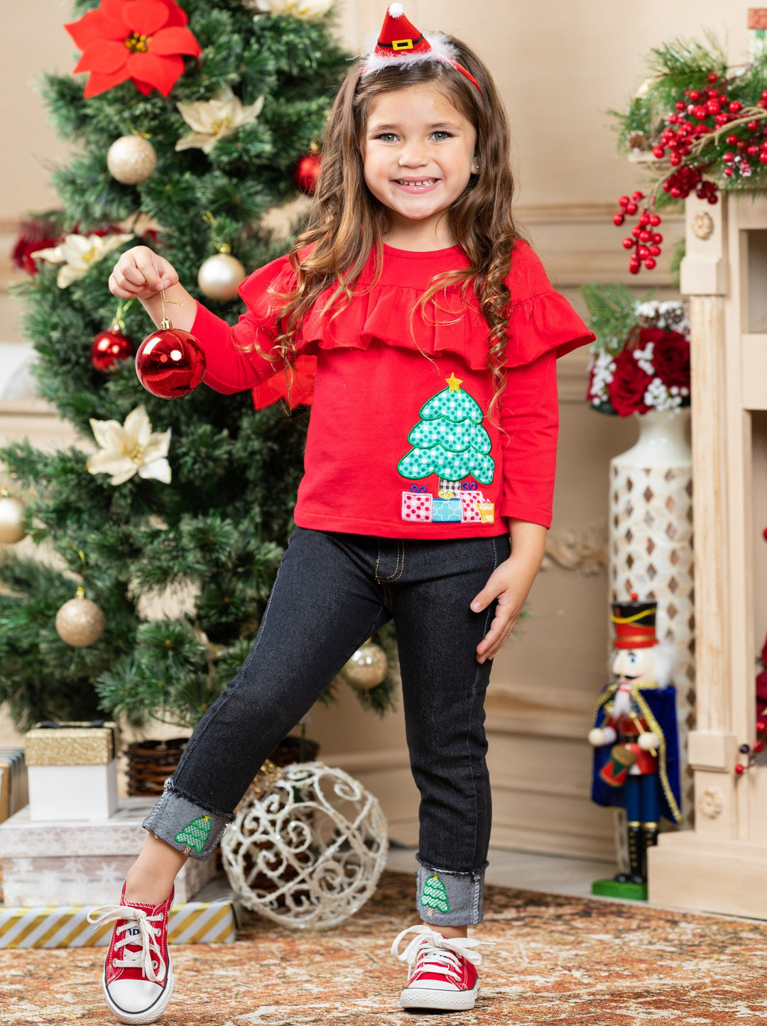 Girls Christmas Ruffle Bib Top & Cuffed Jeans Set | Winter Outfits