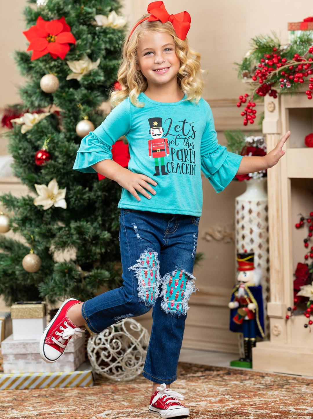 Cute Winter Sets | Girls Nutcracker Ruffle Top And Patched Jeans Set