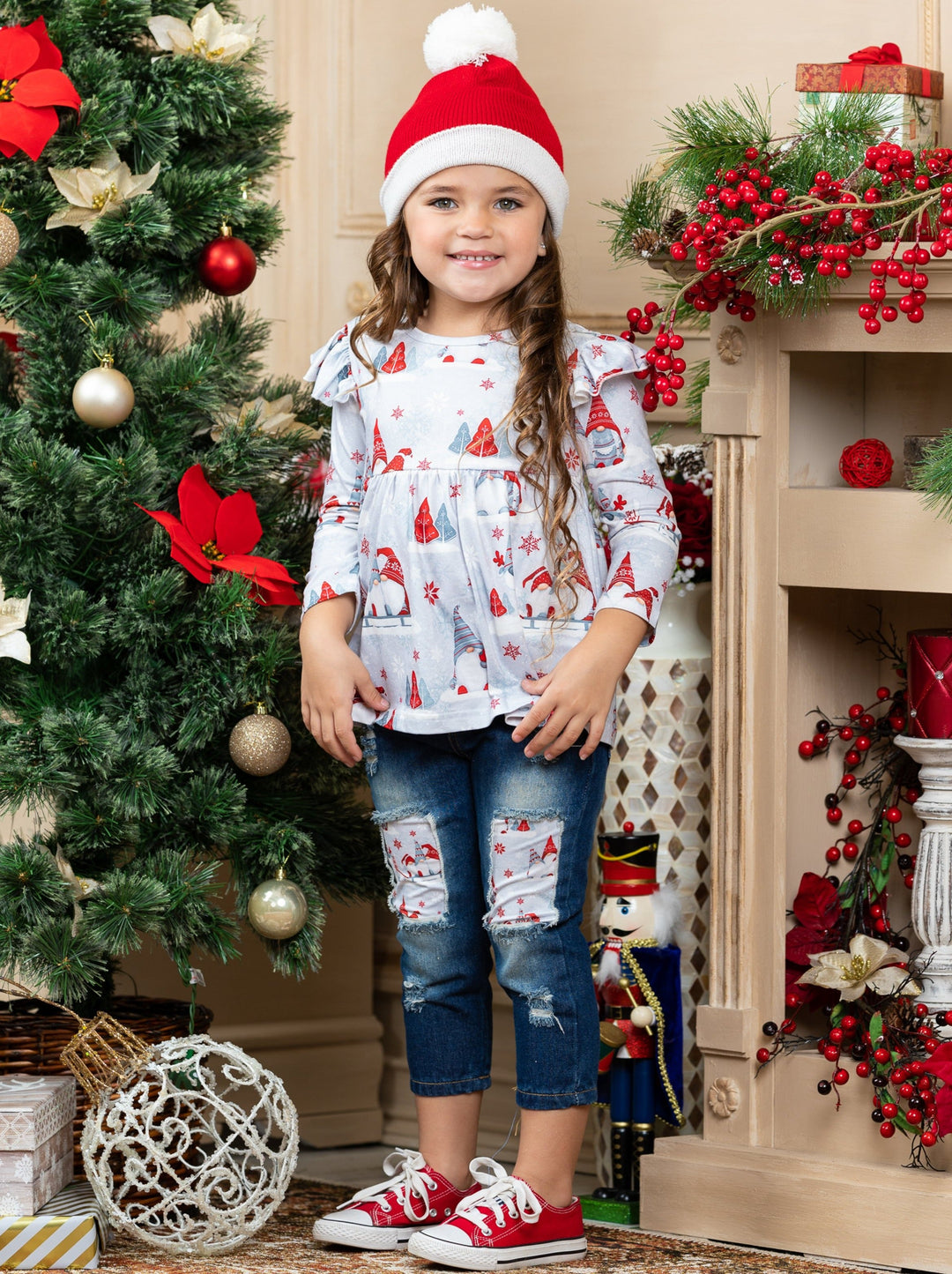 Cute Winter Sets | Girls Winter Gnomes Ruffle Top & Patched Jeans Set