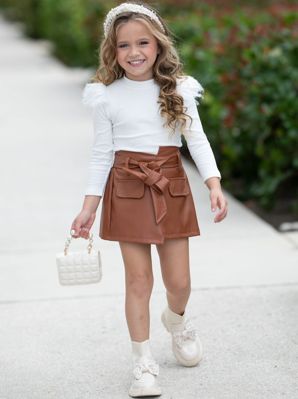 Toddler Outfits | Long Sleeve Fur Shoulder Top & Leather Skirt Set