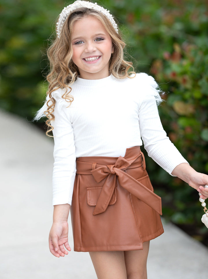 Toddler Outfits | Long Sleeve Fur Shoulder Top & Leather Skirt Set