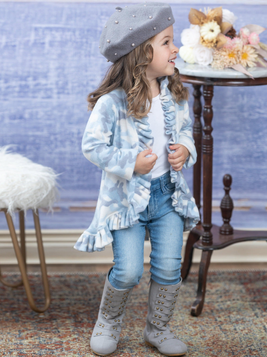 Sweaters & Cardigans | Blue Camo Ruffle Cardigan | Mia Belle Girls